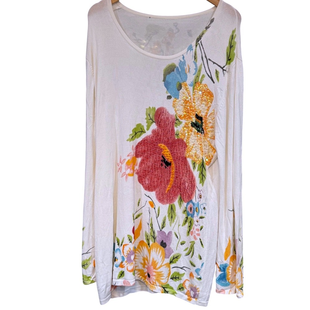 Vintage Floral Beaded Sequin Long Sleeve Knit Top Cream White Scoop Neck Sweater